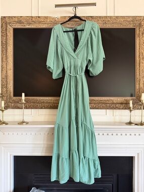 Women’s Sage Green Maxi Dress with V-Neck and Flutter Sleeves